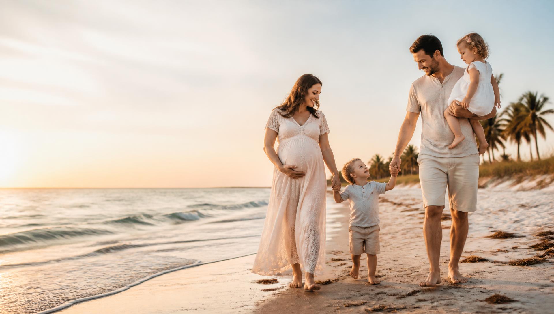 A young family — expecting parents with their children — walking together on a Florida beach at golden hour